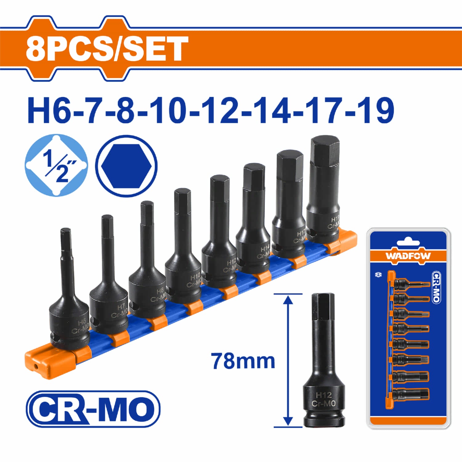 Dados de Impacto Hexagonales ½” Long 78mm Cr-Mo Térmico. Set 8 piezas.