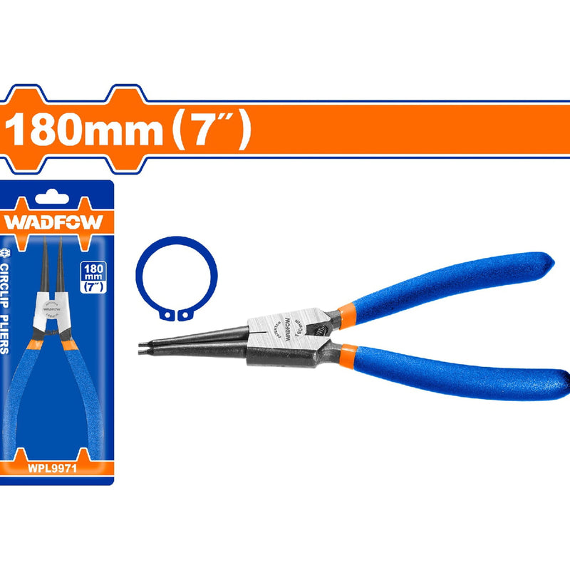 Alicate punta recta 180mm (7") Incluye anillo de retención externo 1.8mm. Acero al carbono.