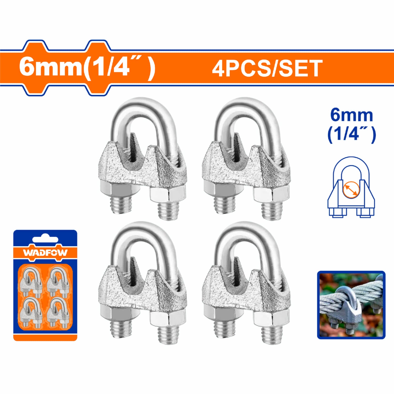 Perros para cable de acero guayas. Clips de cuerda de alambre 1/4" Hierro maleable Electro-galvanizado. Para fijar cuerda de alambre. Set de 4 piezas.
