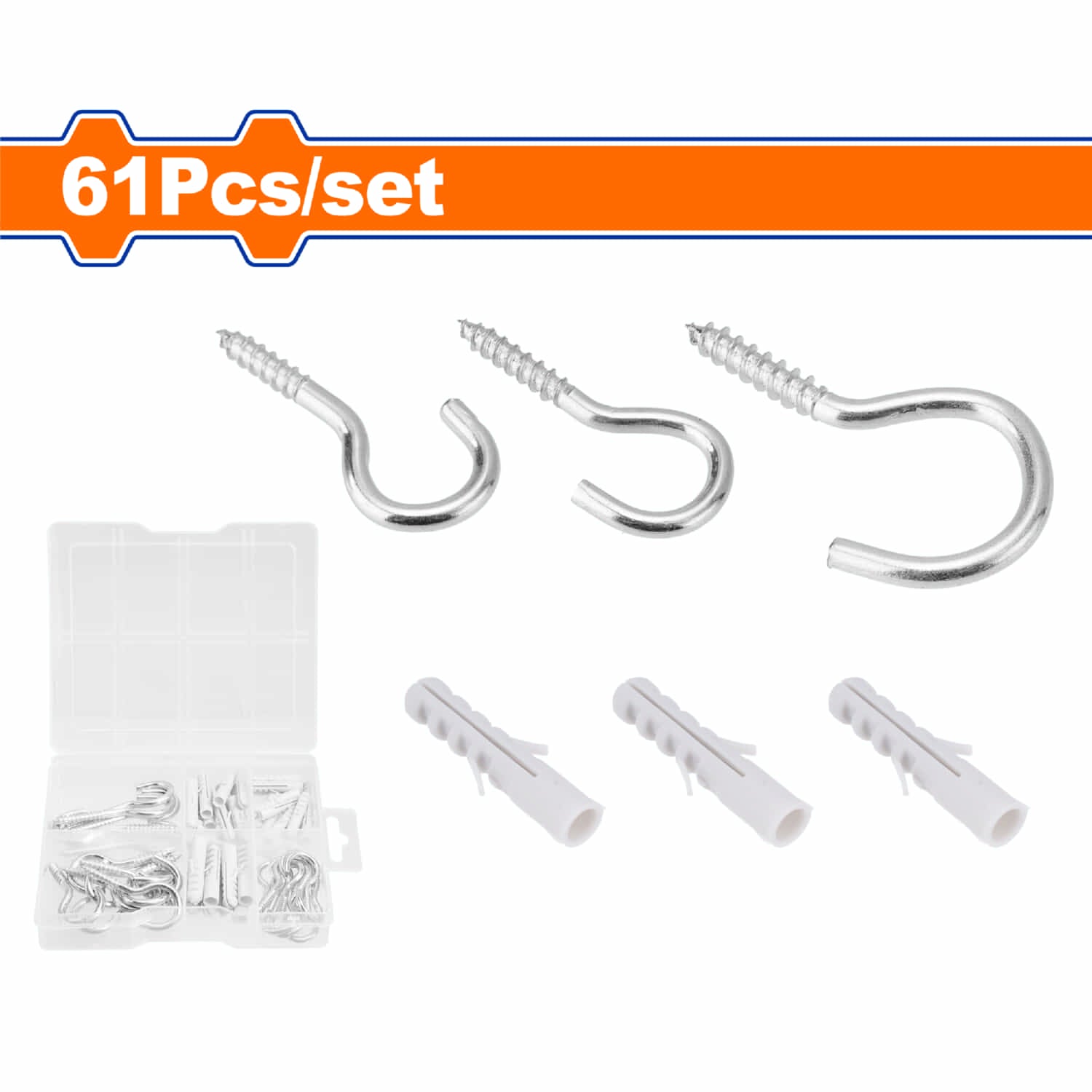 Tornillos tipo Gancho Garfios 3x40mm (10 pzas) 3.2x50mm (10 pzas) 3.2x60mm (6 pzas) y Anclaje Plásticos. Acero al Carbono Galvanizado. Set de 61 piezas. Ganchos Para Colgar.