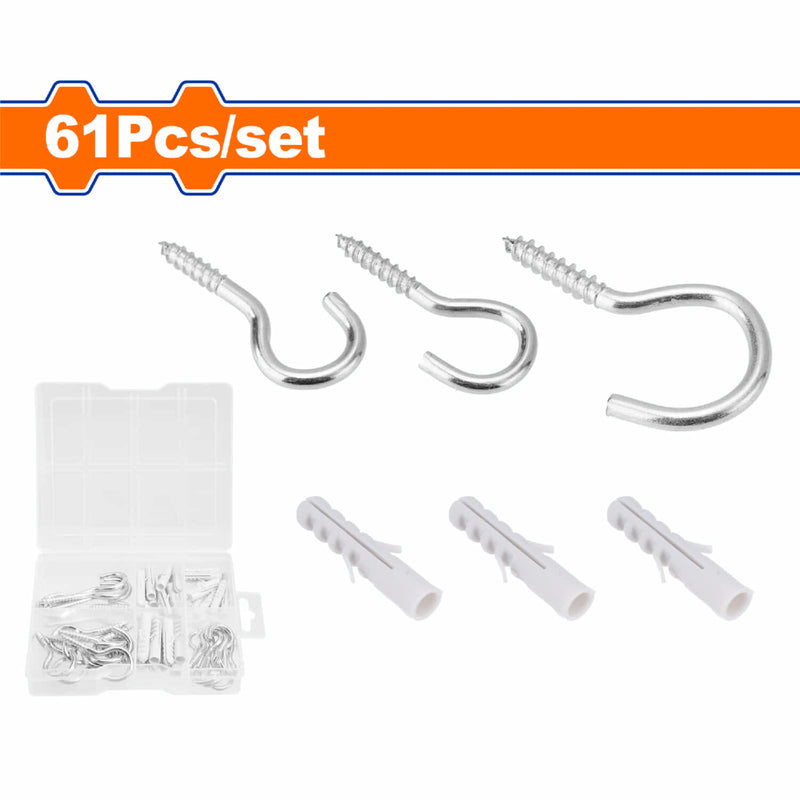Tornillos tipo Gancho Garfios 3x40mm (10 pzas) 3.2x50mm (10 pzas) 3.2x60mm (6 pzas) y Anclaje Plásticos. Acero al Carbono Galvanizado. Set de 61 piezas. Ganchos Para Colgar.