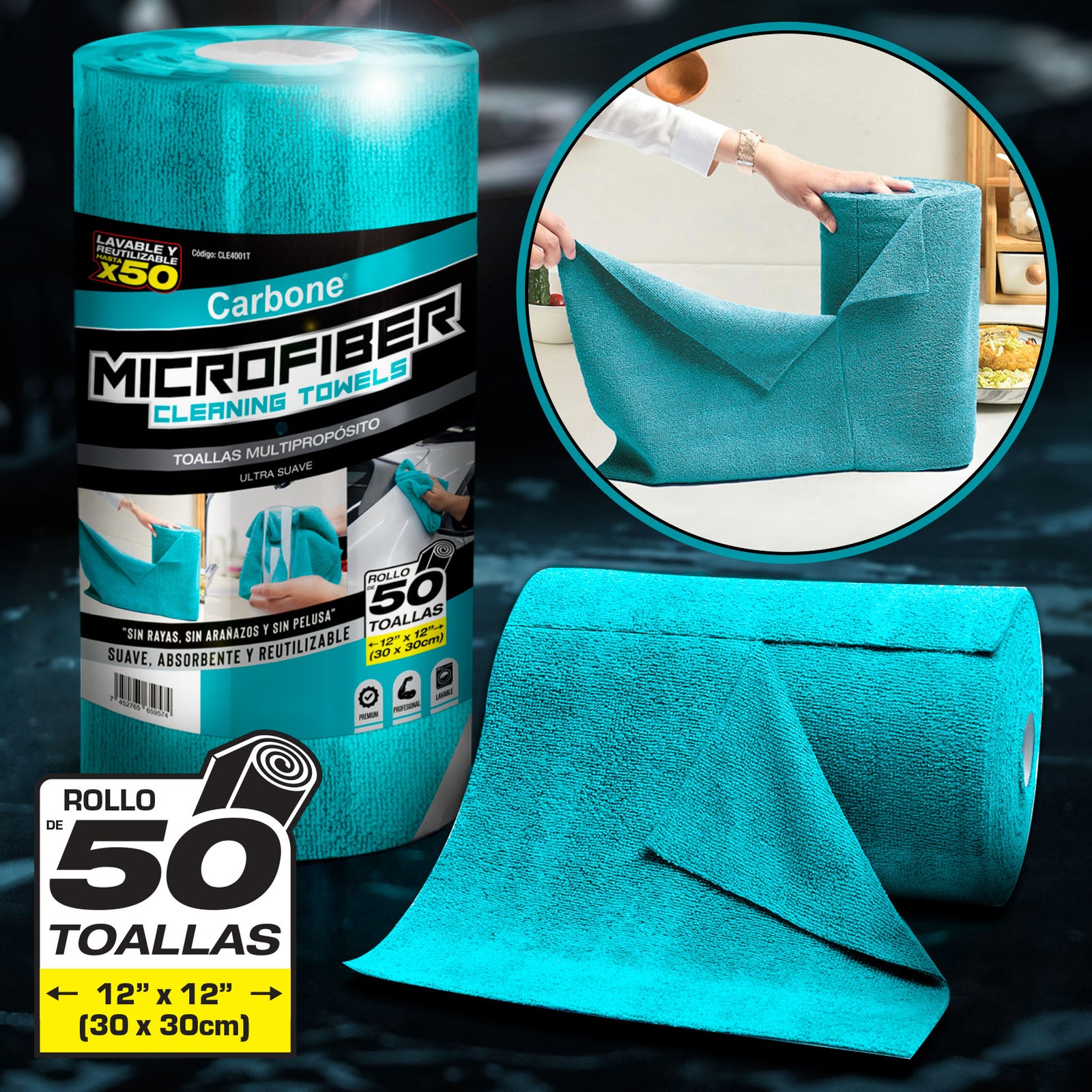 Paños De Microfibra Rollo De 50 Unidades Toallas 12”X12” (30X30cm). Tr
