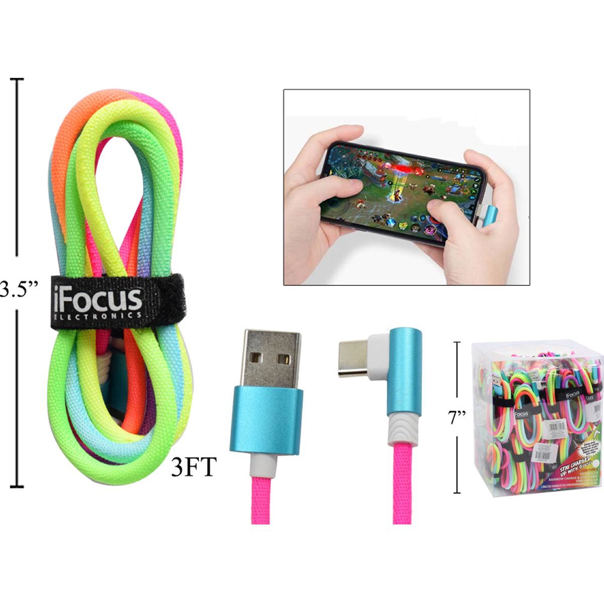 iFocus 3ft Type C Rainbow USB cbl Correa de velcro, paquete