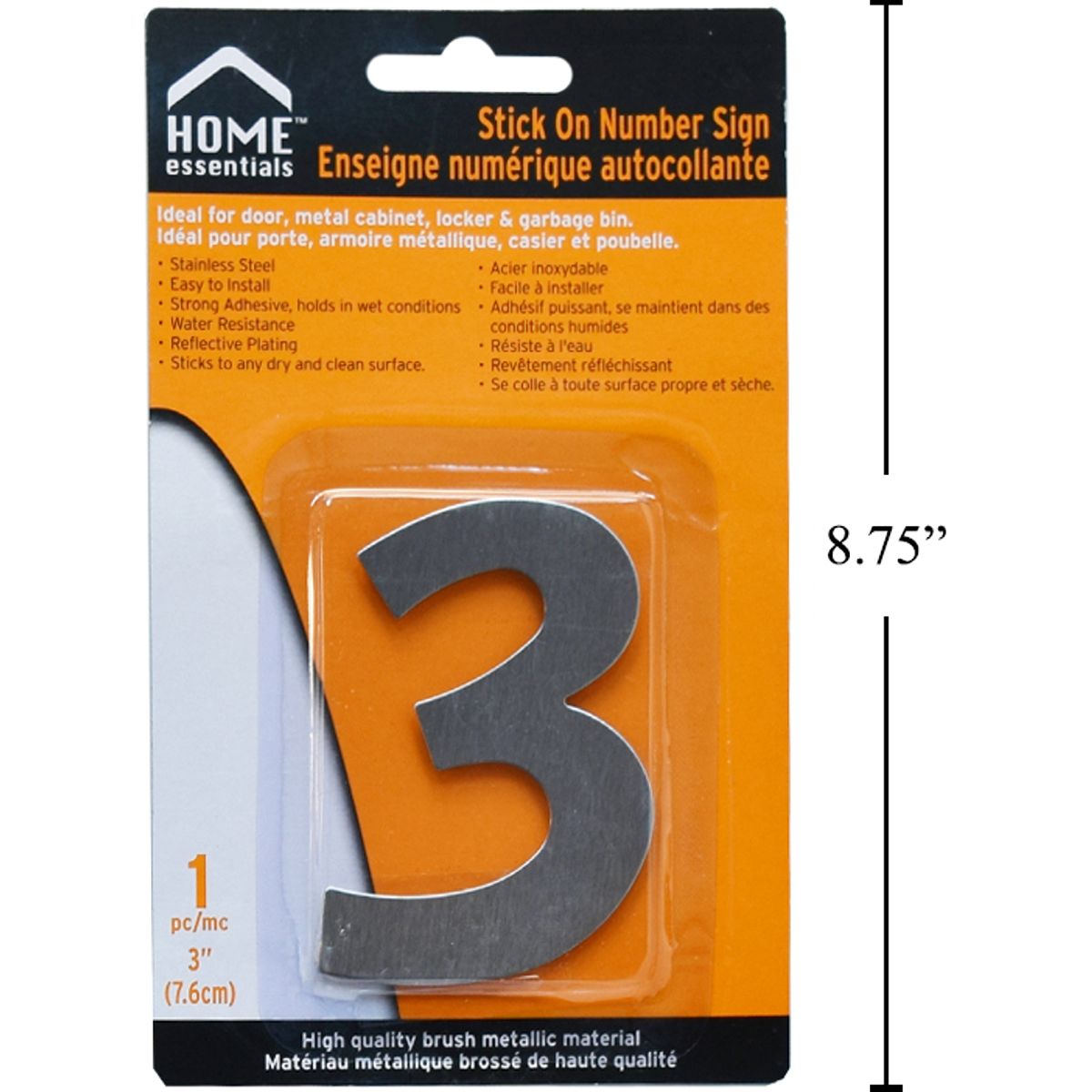 Letrero Señal numérica adhesiva de 3" #3 Acero inoxidable