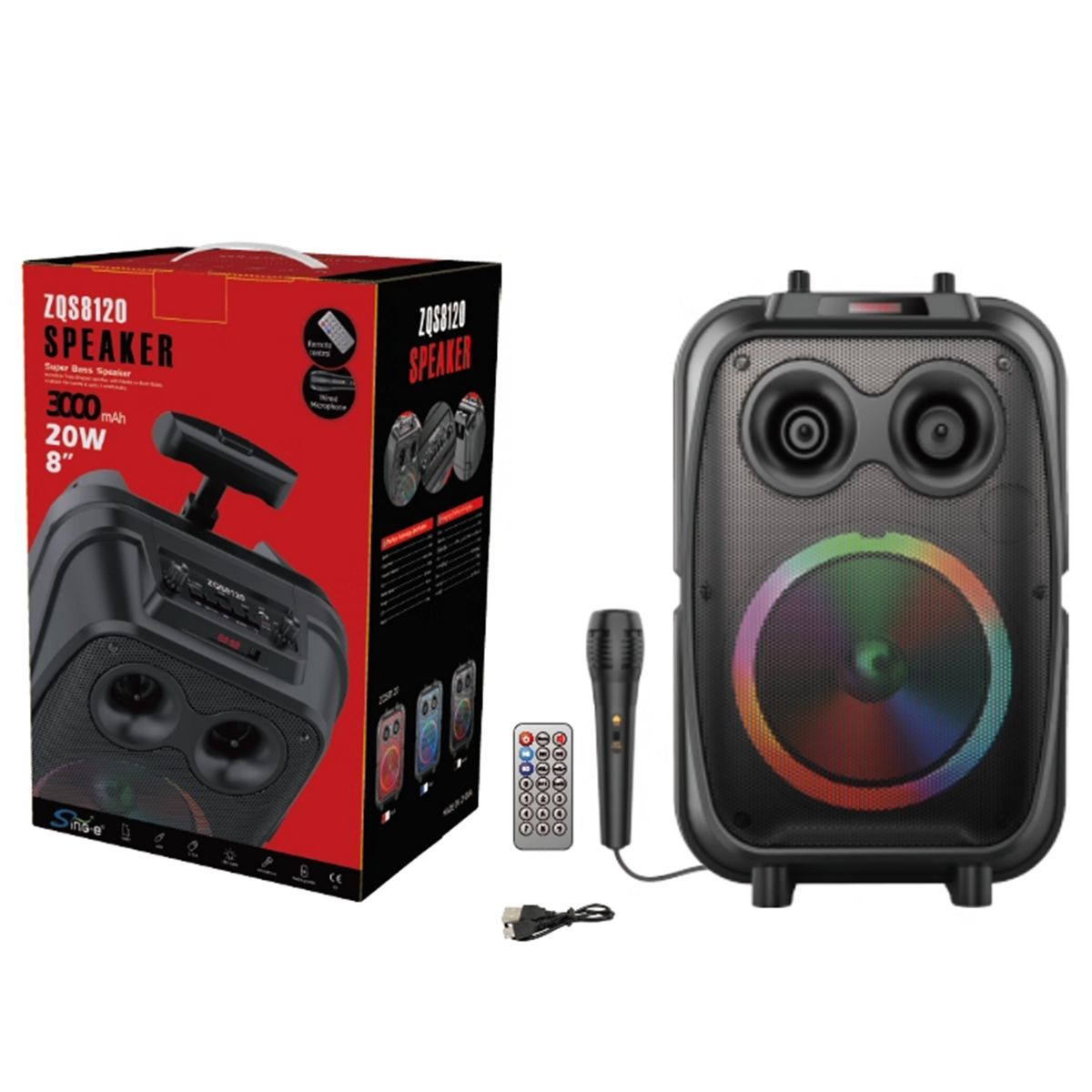 Bocina Bluetooth con Luz LED y Micrófono. Altavoz Portátil Inalámbrico. Control para luces Incluido. Color Negro. Bocina a bateria carga USB