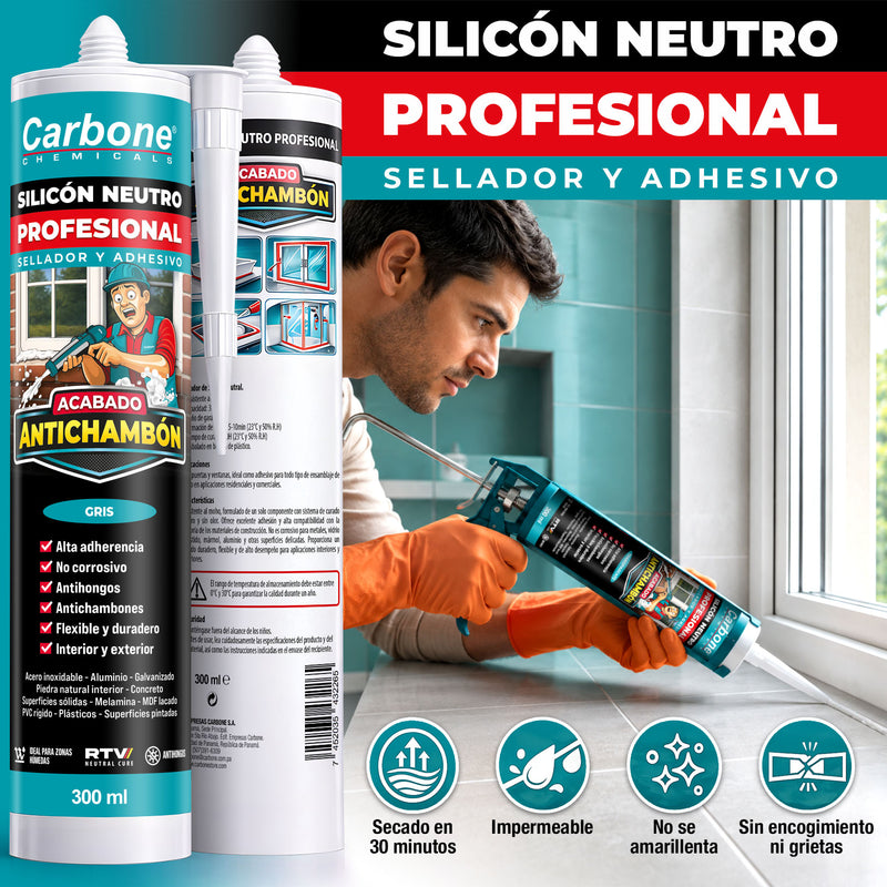Silicón Neutro Gris Multipropósito Resistente a rayos UV 300 ml Calidad Profesional. Sellador Silicona.
