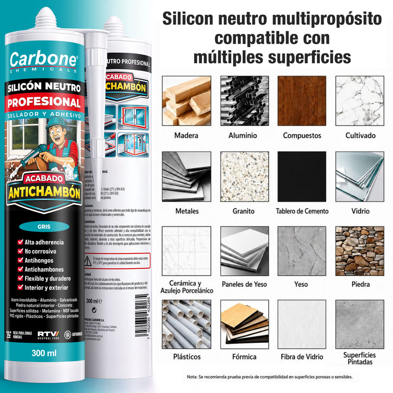 Silicón Neutro Gris Multipropósito Resistente a rayos UV 300 ml Calidad Profesional. Sellador Silicona.