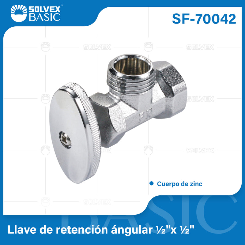 Llave de Ángulo 1/2" x 1/2" Cromada de Zinc. Válvula angular para Lavamanos, fregador e Inodoro.