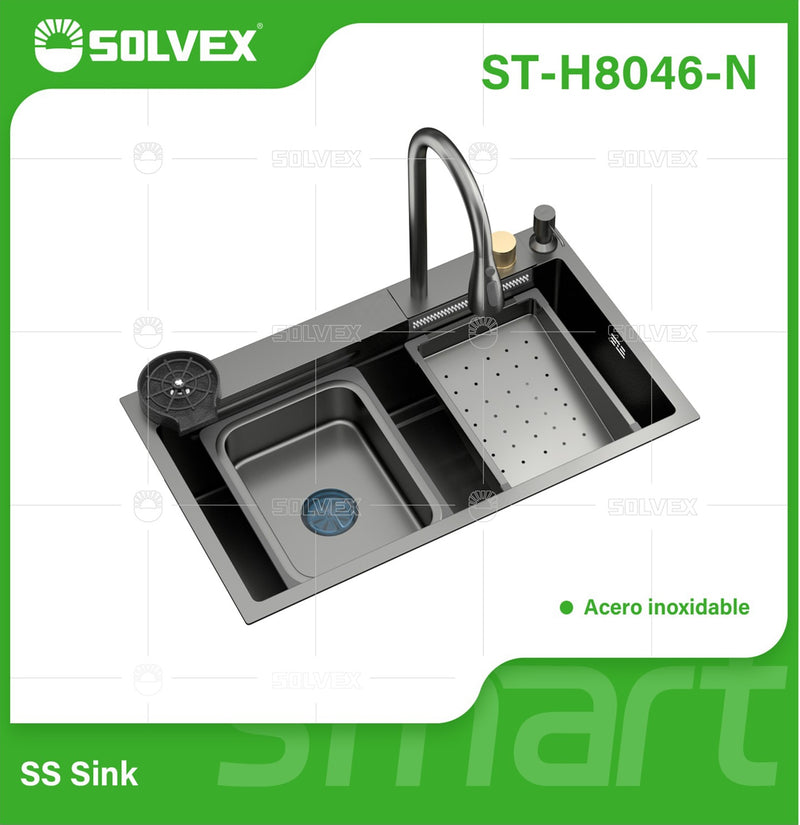 Fregador de Cocina Empotrable con Doble Tina 80x46x22cm. Acero Inoxidable. Color negro. Incluye grifo, escurridor y dispensador.