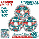 Discos 5 1/2" Sierra Ultra Fina 1.0mm TCT 140mm 24T 30T 40T Set de 3 piezas. Ideal para sierra circular. Uso Madera.
