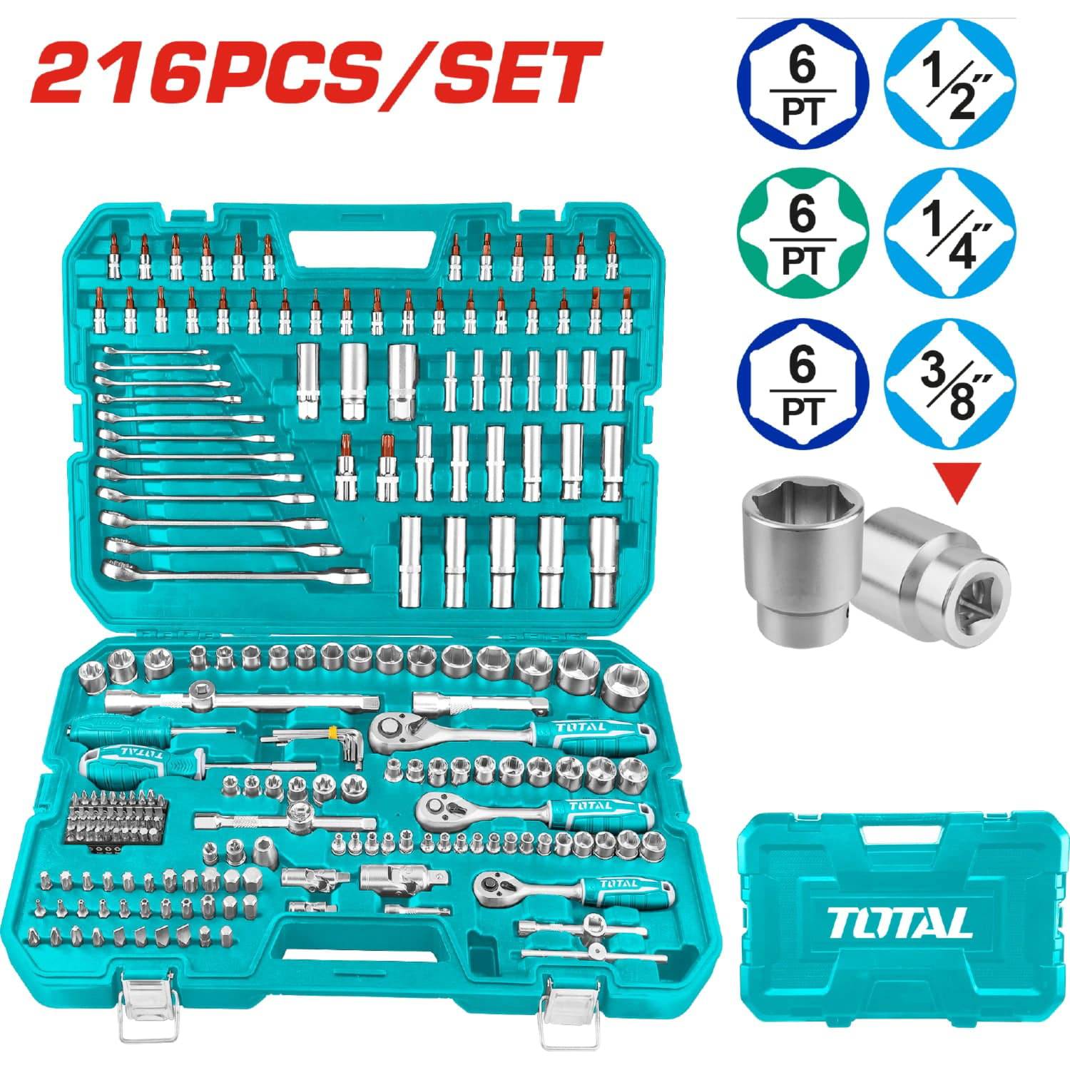 Sockets Dados Ratched 216 Piezas Variadas En Maletín. (Llaves, Barras, Adaptador, Mangos) En Juego Kit 1/4", 3/8" Y 1/2"