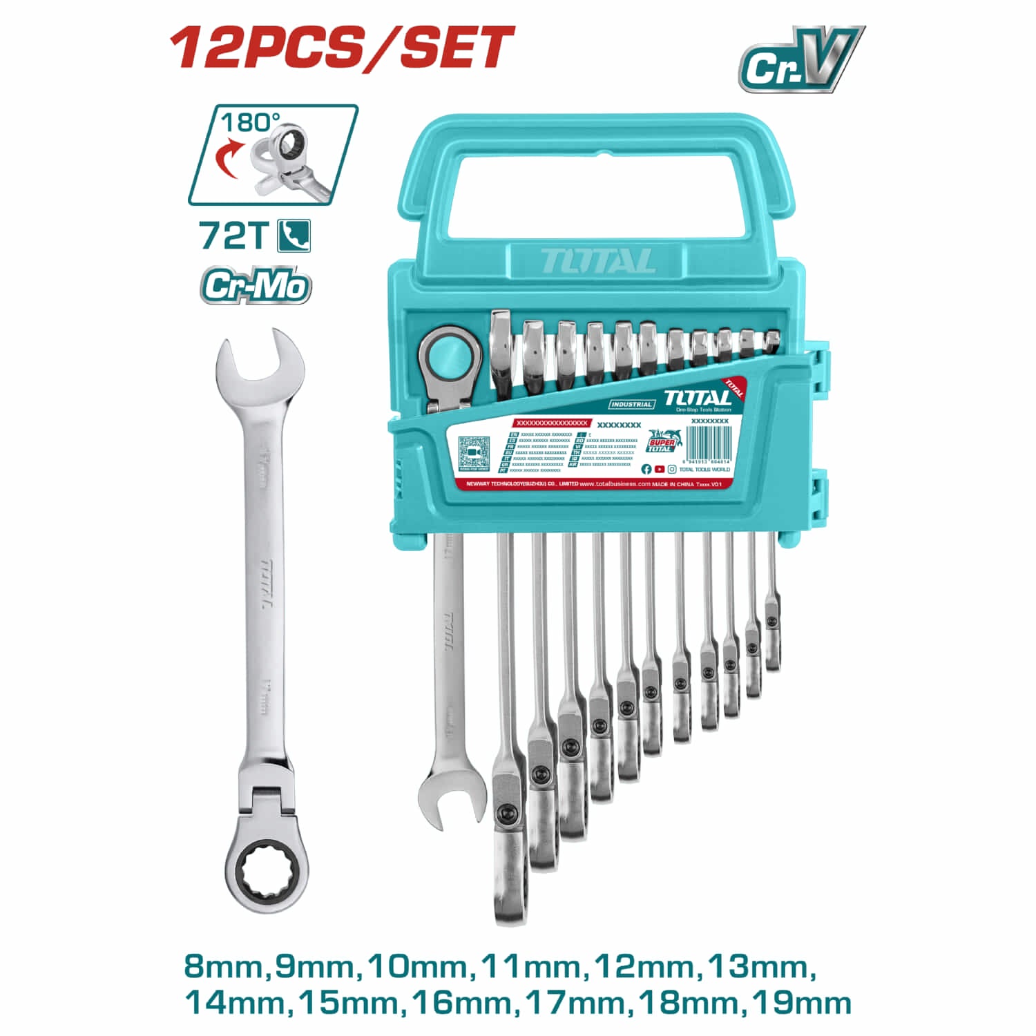 Llaves combinadas flexibles ratchet. Juego de 8 a 19mm. Set de 12 piezas.