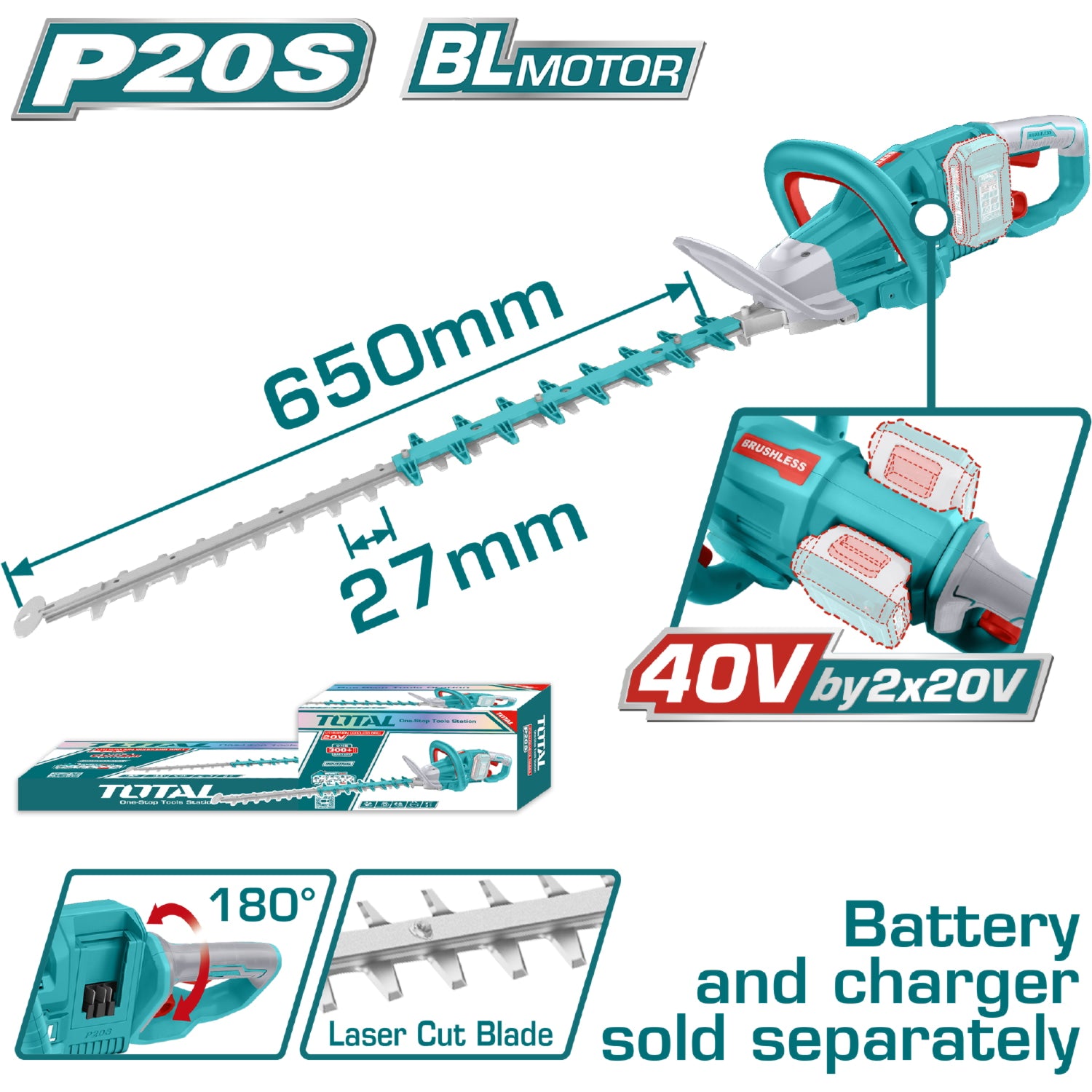 Cortasetos Podadora Inalámbrica 40V Longitud de 650mm 3600cpm No incluye batería ni cargador. Super total