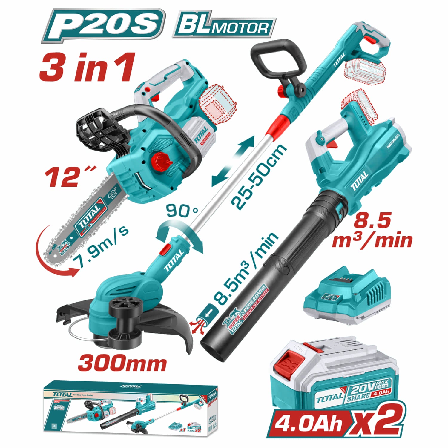 Combo del mes Total inalámbrico. Motosierra 12" (30 cm), desmalezadora recortadora de césped 8200rpm 300mm, sopladora 144 km/h. Incluye cargador y baterías. POCAS UNIDADES.