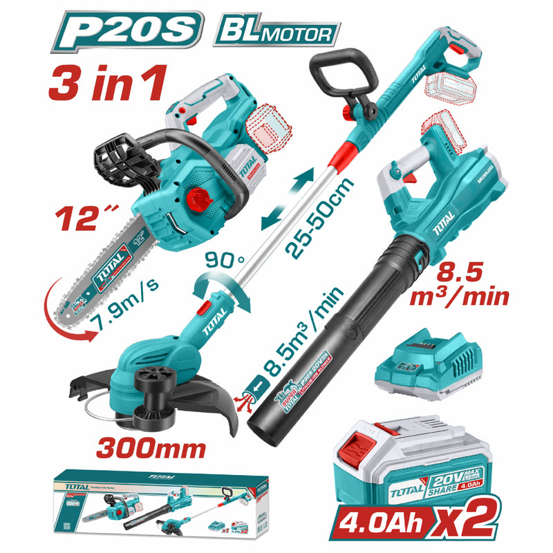 Combo del mes Total inalámbrico. Motosierra 12" (30 cm), desmalezadora recortadora de césped 8200rpm 300mm, sopladora 144 km/h. Incluye cargador y baterías. POCAS UNIDADES.