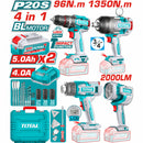 Combo del mes Total Inalámbrico. Taladro percutor 96Nm, Lámpara de trabajo 22.5W, Pistola de calor 30-550°C  Llave de impacto 1350nm 3/4" Incluye cargador, baterías y accesorios.POCAS UNIDADES.