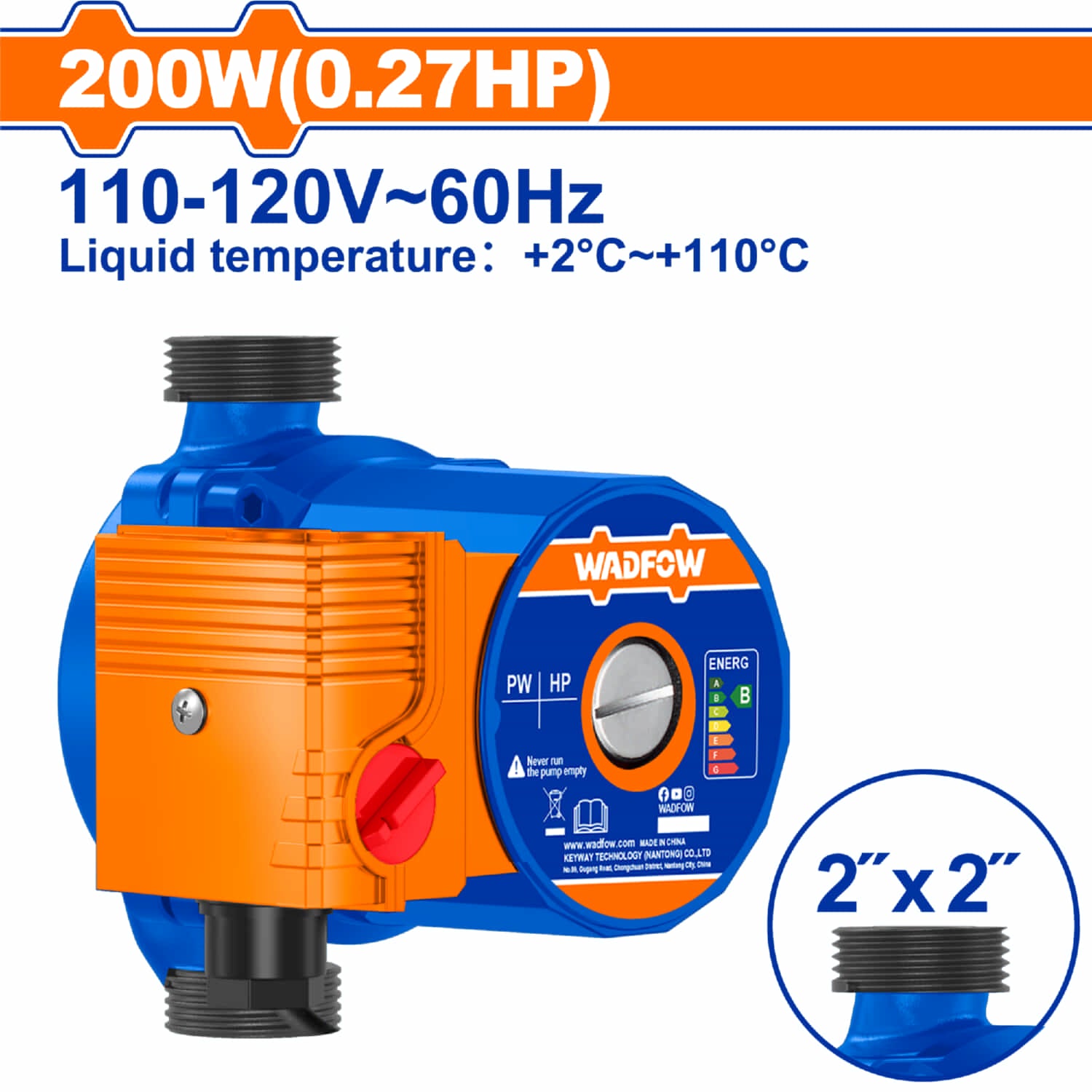 Bomba hidráulica  Voltaje: 110-120V~60HzPotencia nominal: 200 W (0,27 CV) Cabeza máxima: 7,7 m Max.flow:7.2m³/h Temperatura del líquido: +2°C~+110°C E