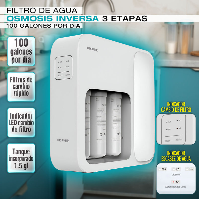 Filtro de agua con Osmosis Inversa de 3 etapas con tanque integrado de 100 galones por día
