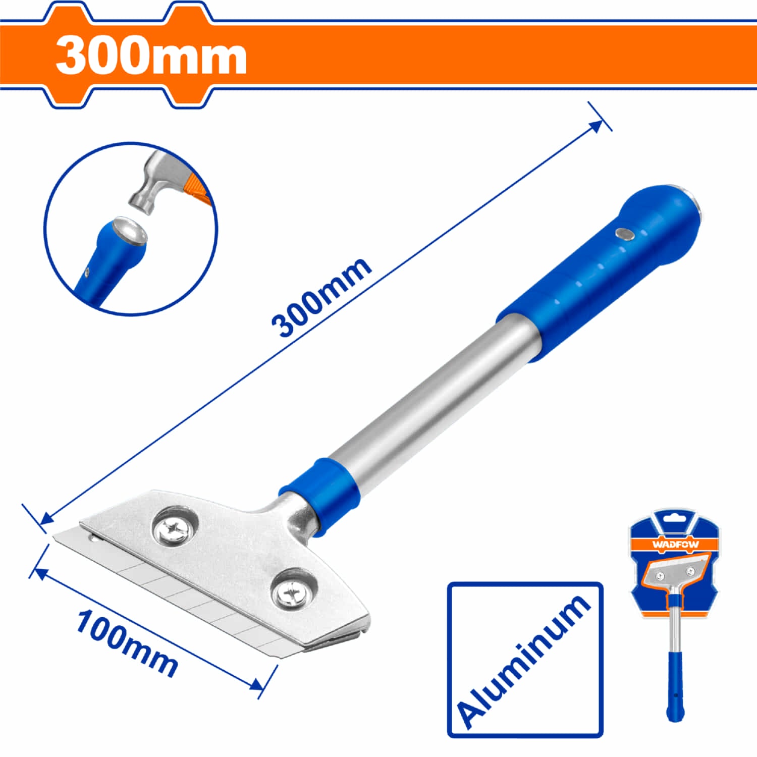 Raspador de hojillas metal con mango de aluminio. Tamaño de la hoja: 18x100mm Longitud: 300mm hojilla