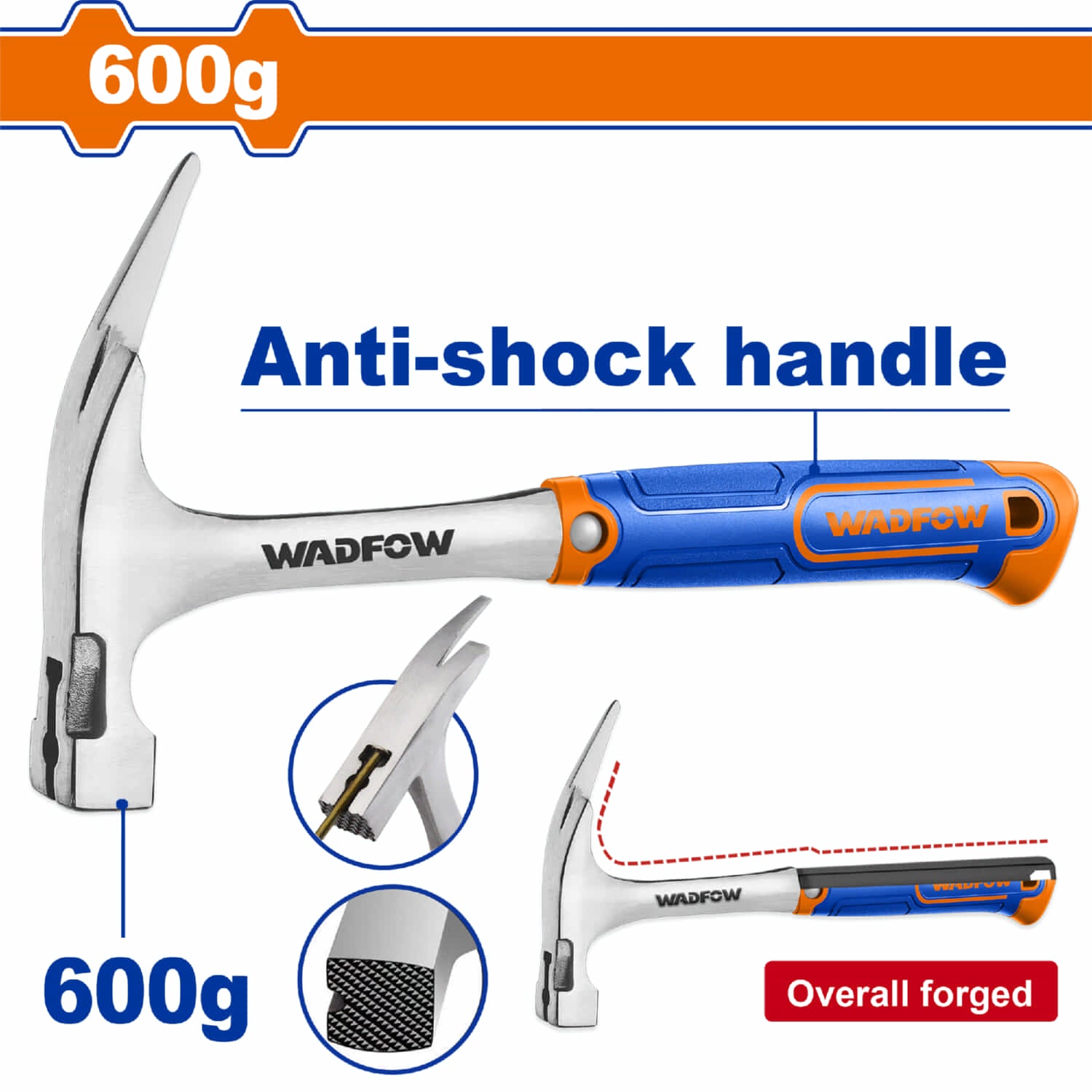 Martillo de Orejas 600g Función magnética para clavos. Antideslizante. Tratamiento térmico. Acero al carbono.