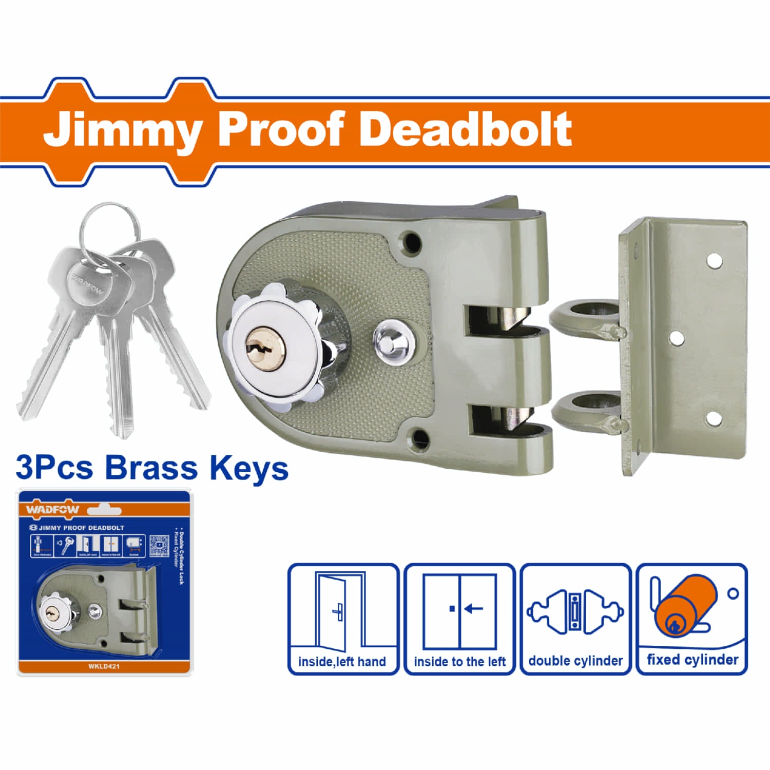 Cerradura de sobreponer garra de tigre de lado izquierdo tipo fijo con 3 llaves. No soldable. (en blister)