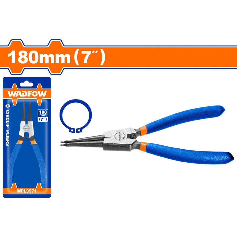 Alicate punta recta 180mm (7") Incluye anillo de retención externo 1.8mm. Acero al carbono.