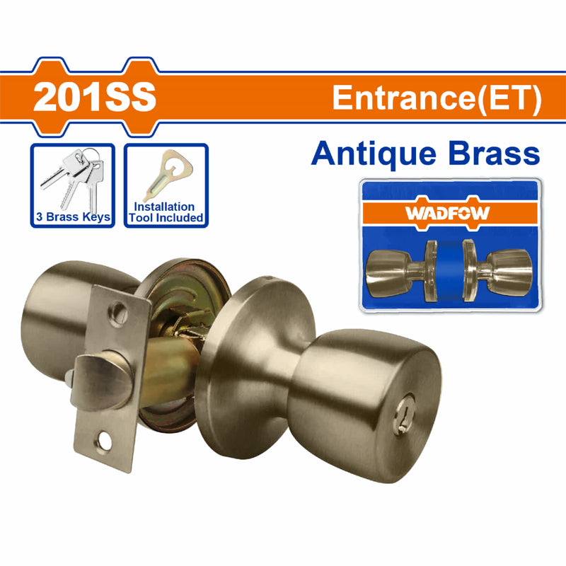 Cerradura pomo de puerta entrada (ET) llave 65mm acero latón antiguo. Pomo tubular. 3 llaves.