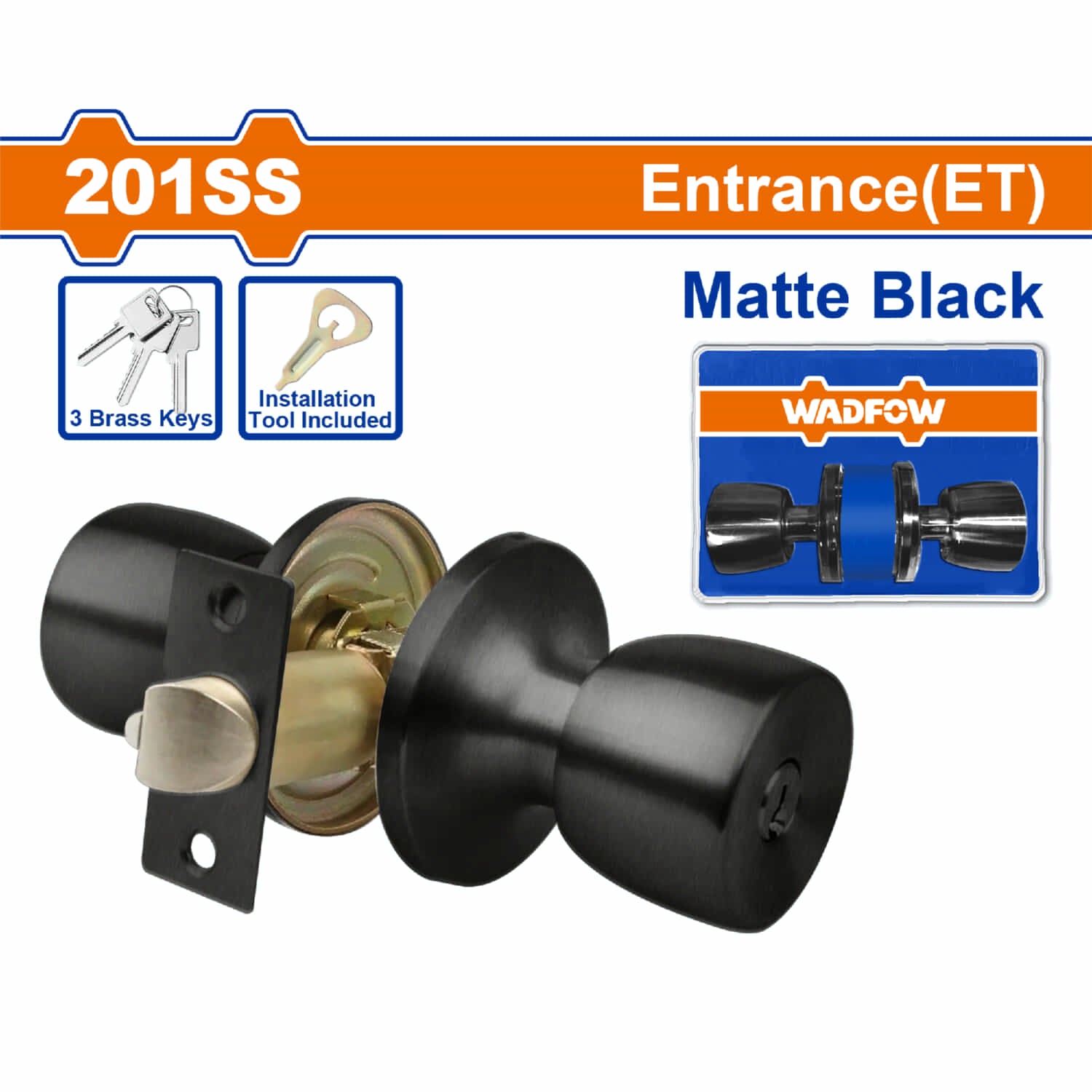 Cerradura tubular pomo de puerta entrada (ET) llave 65mm acero inoxidable negro. Pomo tubular. 3 llaves.