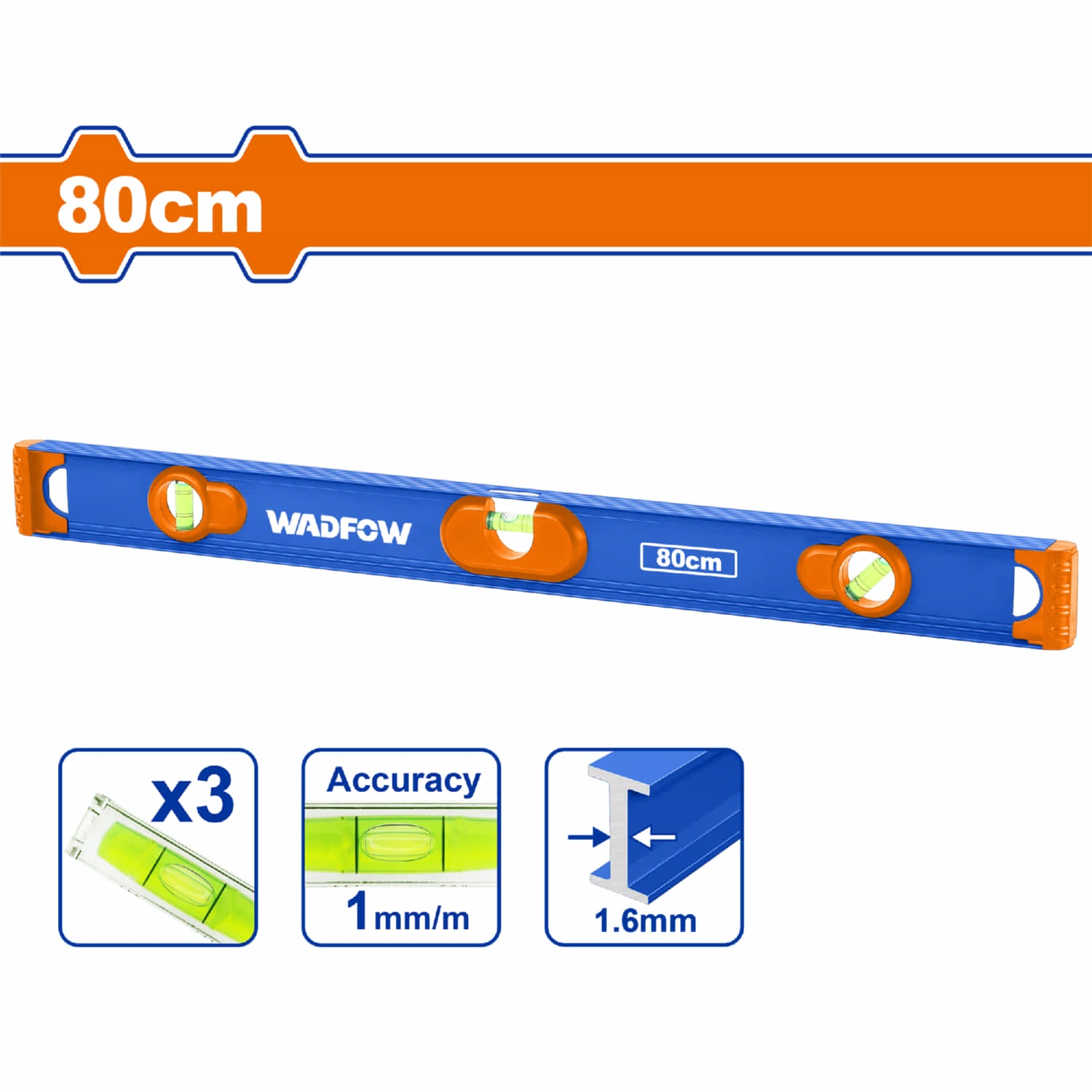 Nivel de Burbuja 80cm. Aluminio. Espesor: 1.6mm. Con imán. 3 niveles. 90° 180° 45°