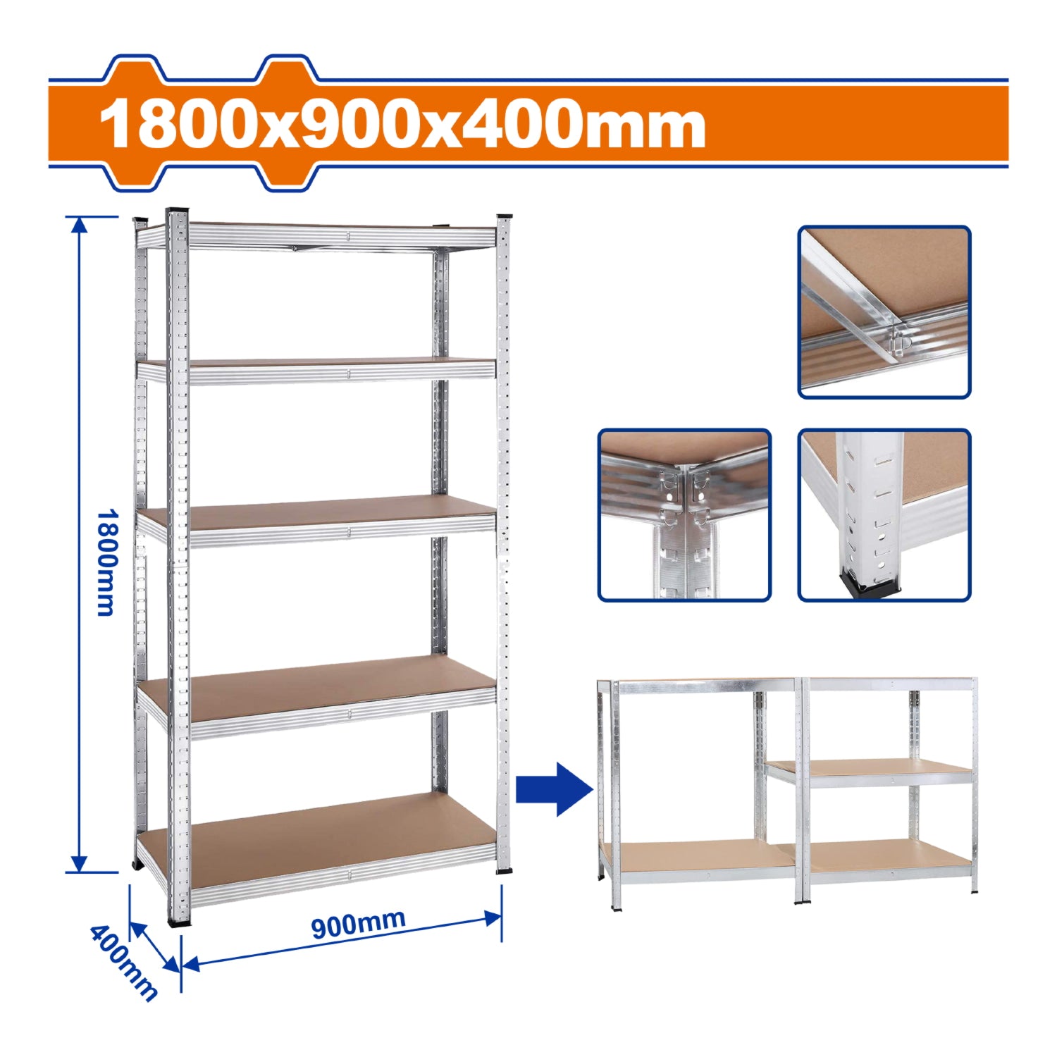 Estante de almacenamiento ajustable 5 niveles. 1800x900x400mm. Carga:175Kg. Acero MDF.estanteria Arma rapido