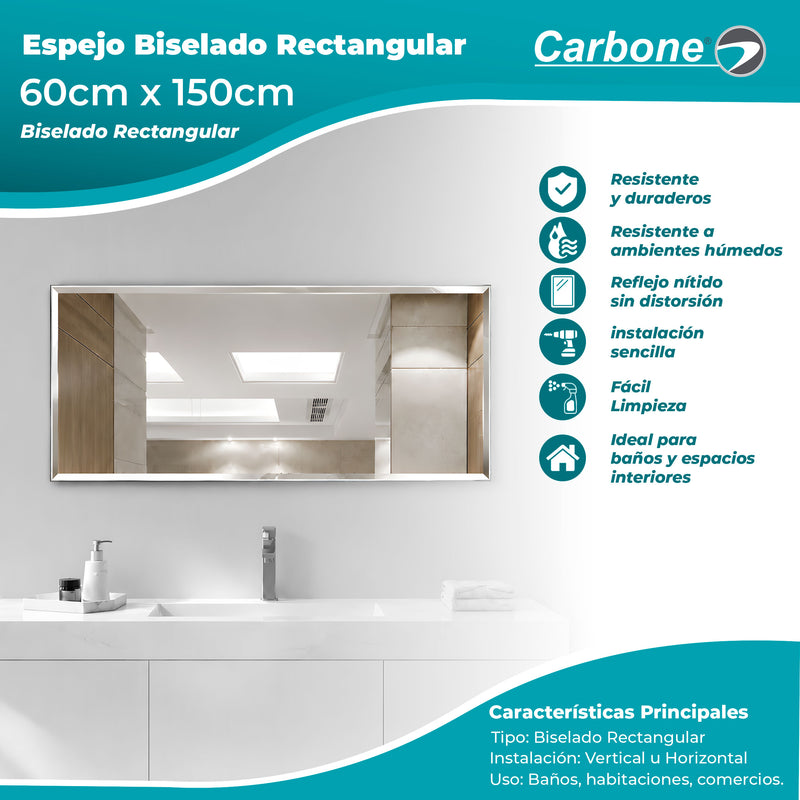 Espejo Biselado rectangular 60 cm X 150 cm instalación Vertical y Horizontal