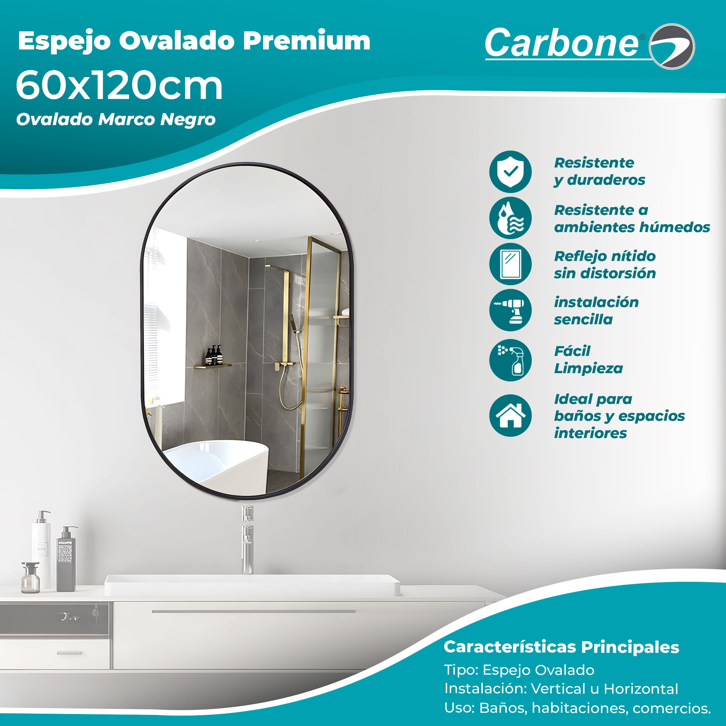 Espejo Ovalado Marco Negro 60 cm x 120 cm