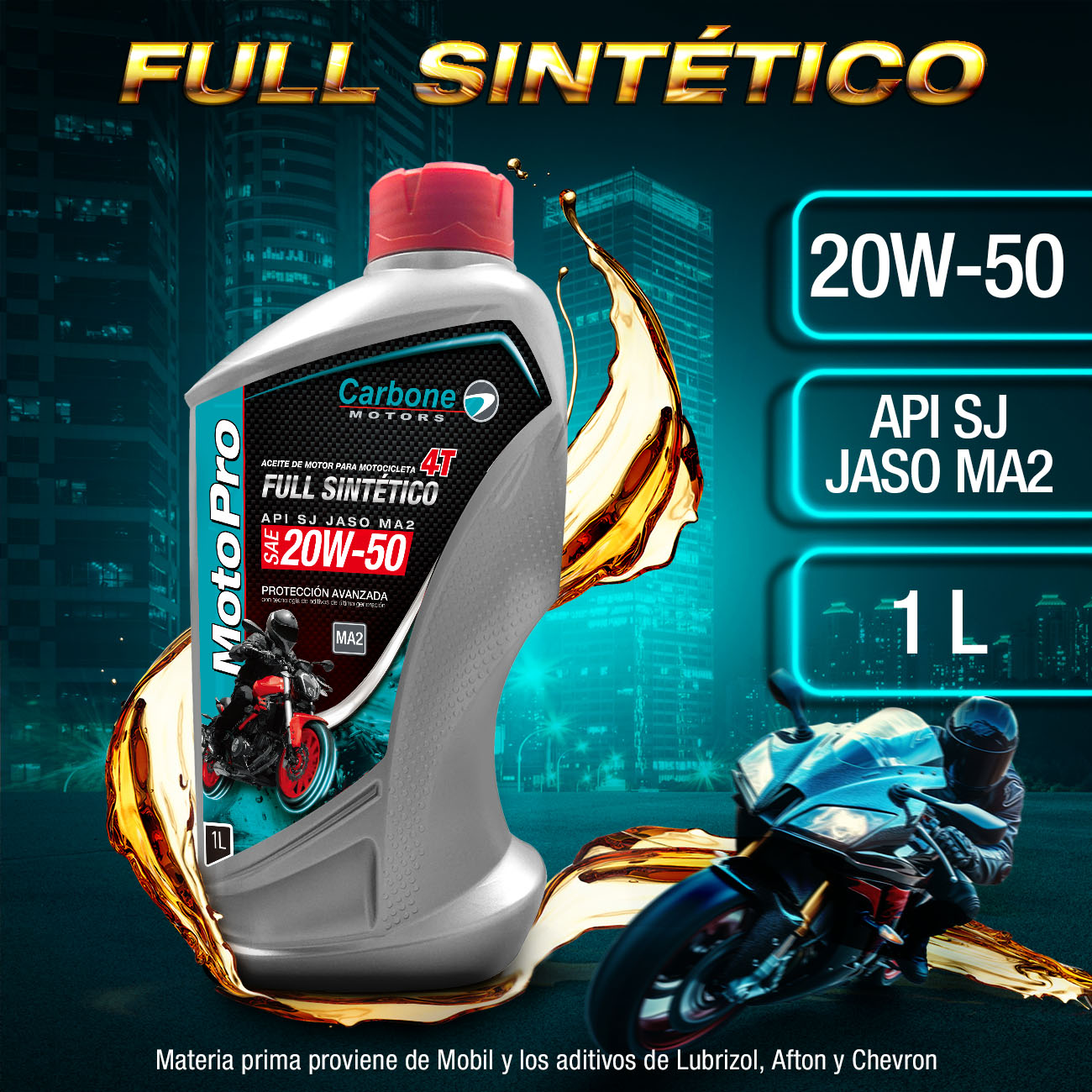 ACEITE PARA MOTO 20W-50 API SP JASO MA2 FULL SINTETICO PARA MOTOCICLETAS 4T ( 1 LT ).