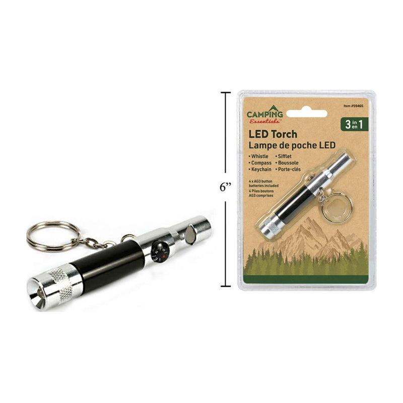 Antorcha LED 3 en 1 para acampar con silbato, brújula y llavero