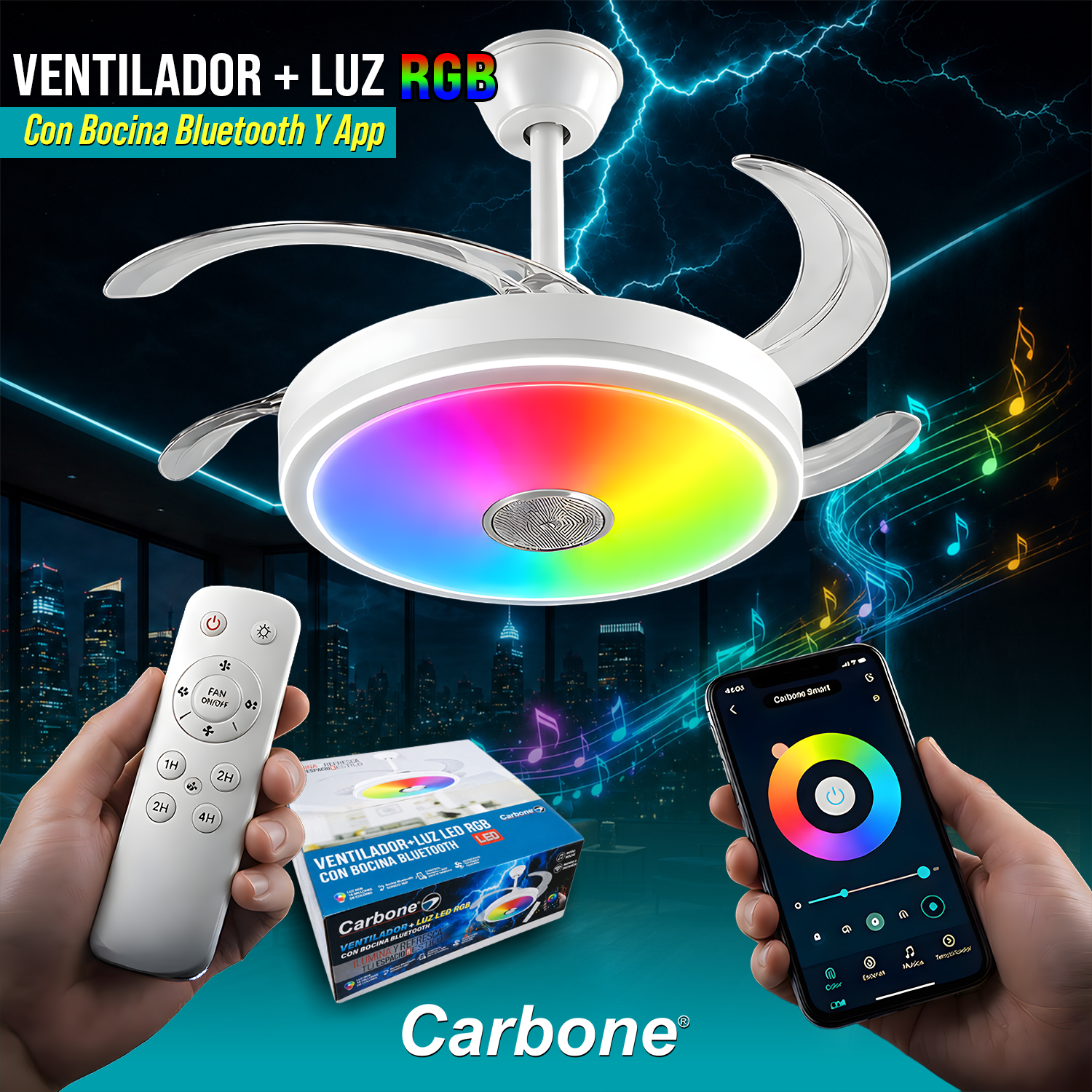 Abanico de Techo 42" LED Retráctil RGB full color con Bocina Bluetooth y App – Blanco-