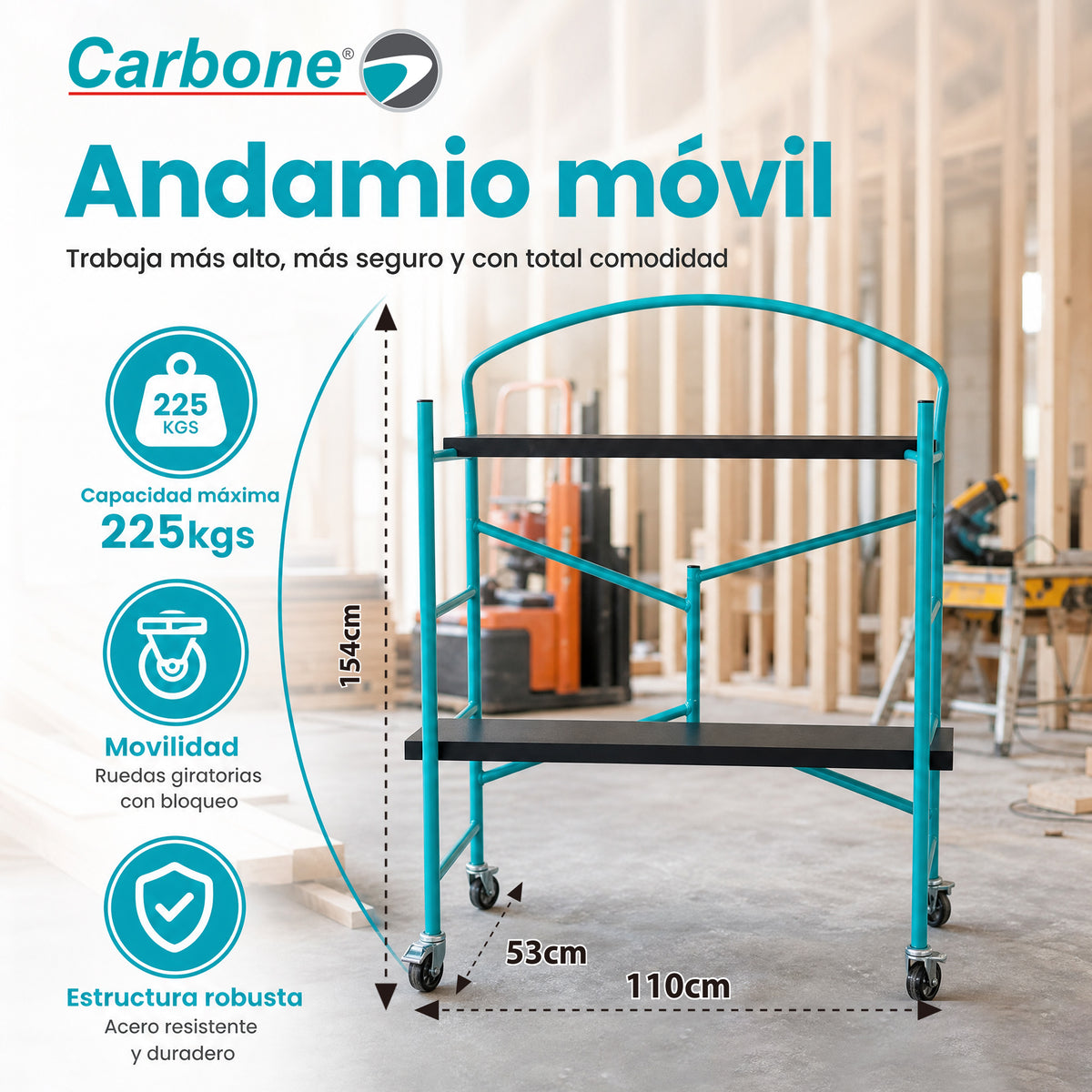 Andamio Plegable de Acero con Ruedas Giratorias con Freno y dos Plataformas. Capacidad 225 kg. Espesor 1.5mm. Color Turquesa