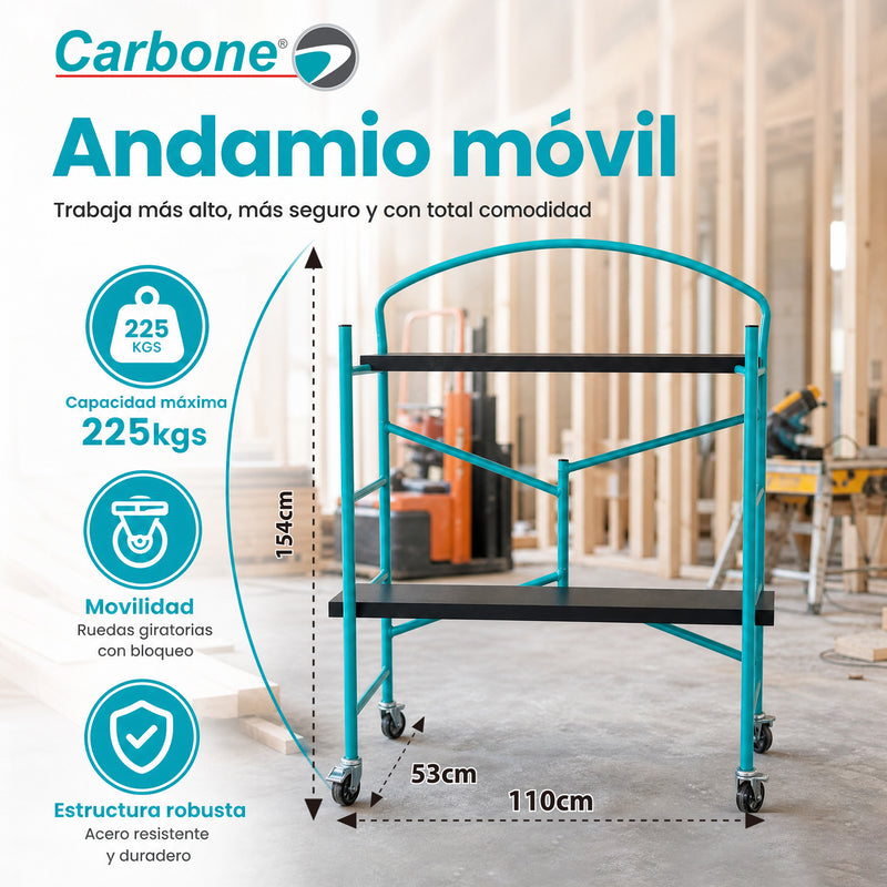 Andamio Plegable de Acero con Ruedas Giratorias con Freno y dos Plataformas. Capacidad 225 kg. Espesor 1.5mm. Color Turquesa