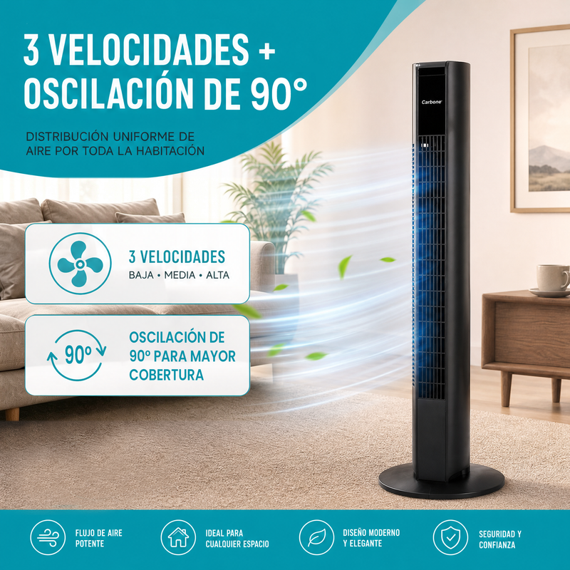 Abanico de Torre 33" (84cm) con Control Remoto 45W. Ventilador de 3 Velocidades y Oscilación 90°. Color Negro 110V.