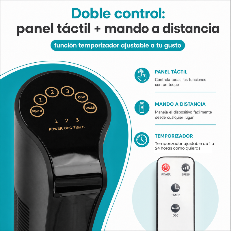 Abanico de Torre 33" (84cm) con Control Remoto 45W. Ventilador de 3 Velocidades y Oscilación 90°. Color Negro 110V.