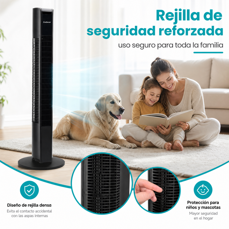 Abanico de Torre 33" (84cm) con Control Remoto 45W. Ventilador de 3 Velocidades y Oscilación 90°. Color Negro 110V.