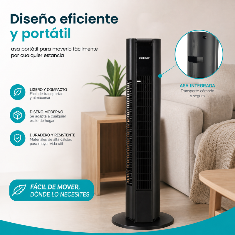 Abanico de Torre 33" (84cm) con Control Remoto 45W. Ventilador de 3 Velocidades y Oscilación 90°. Color Negro 110V.