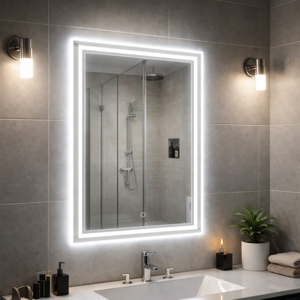 Espejo LED Táctil de Pared 60x80 cm con 3 Tonos de Luz y Enchufe USA 110V Espejo Baño Moderno.