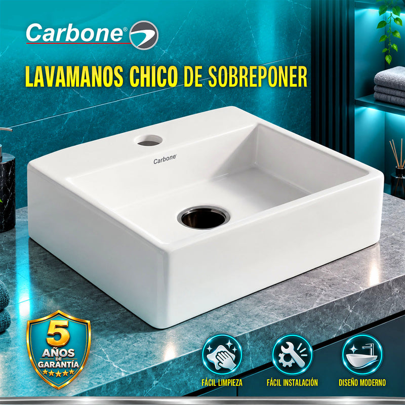 Lavamanos Chico de Sobreponer con perforación de grifo Rectangular 34x29x12 cm Cerámica Sanitaria Premium, Diseño Moderno
