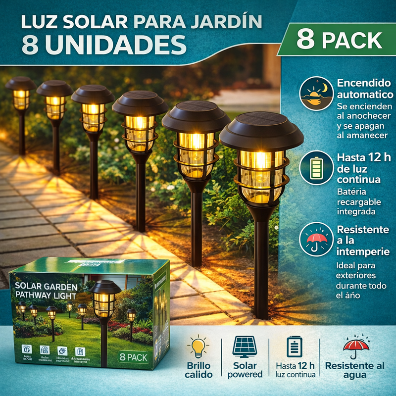Lampara Solar Para Césped Tipo Estaca LED. (Pack de 8) Lampara Negra Con Panel Solar Integrado. Para Jardín. (Luz Cálida). Foco