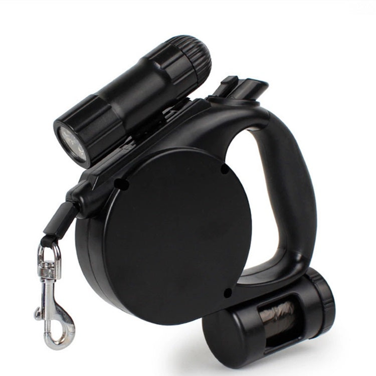 Correa retráctil con linterna y dispensador de bolsitas. Color Negro.