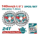 Discos 5 1/2" Sierras Ultra Fina 1.0Mm TCT 140Mm 24T. Set De 2 Piezas. Ideal Para Sierra Circular. Uso Madera.