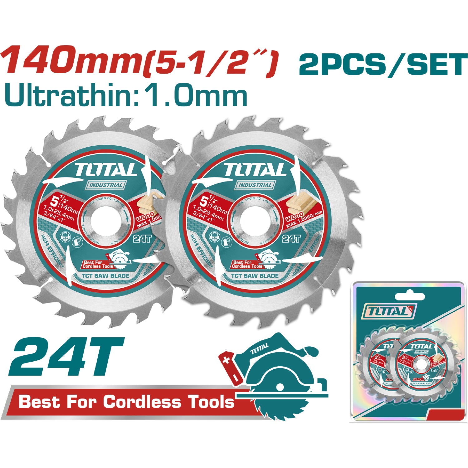 Discos 5 1/2" Sierras Ultra Fina 1.0mm TCT 140mm 24T. Set de 2 piezas. Ideal para sierra circular. Uso Madera.