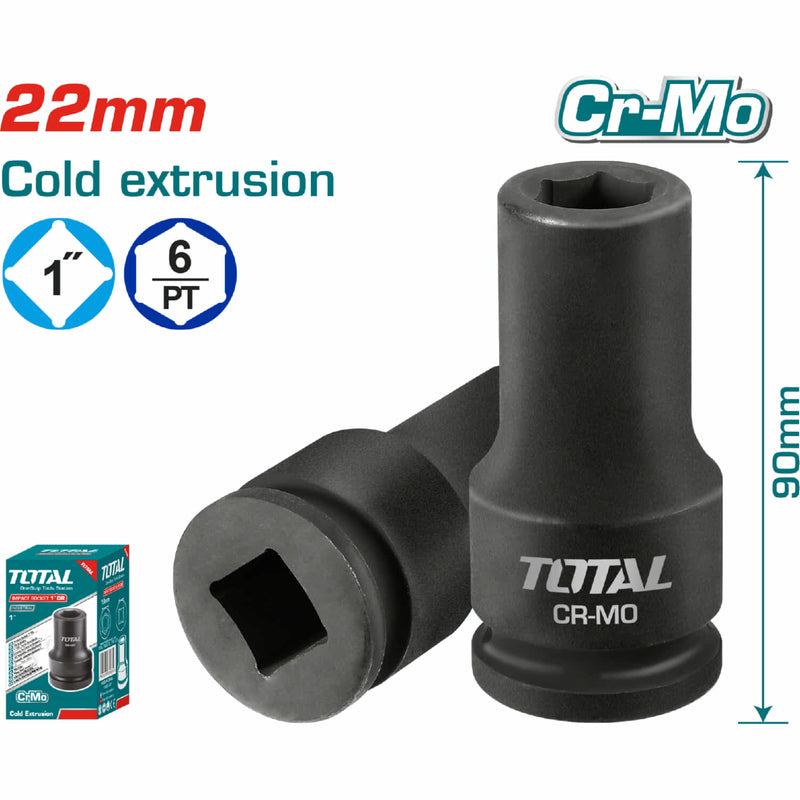 Socket de Impacto 1". Medida: 22 mm. Longitud: 90 mm. Material: CrMo. Extrusión en frío.