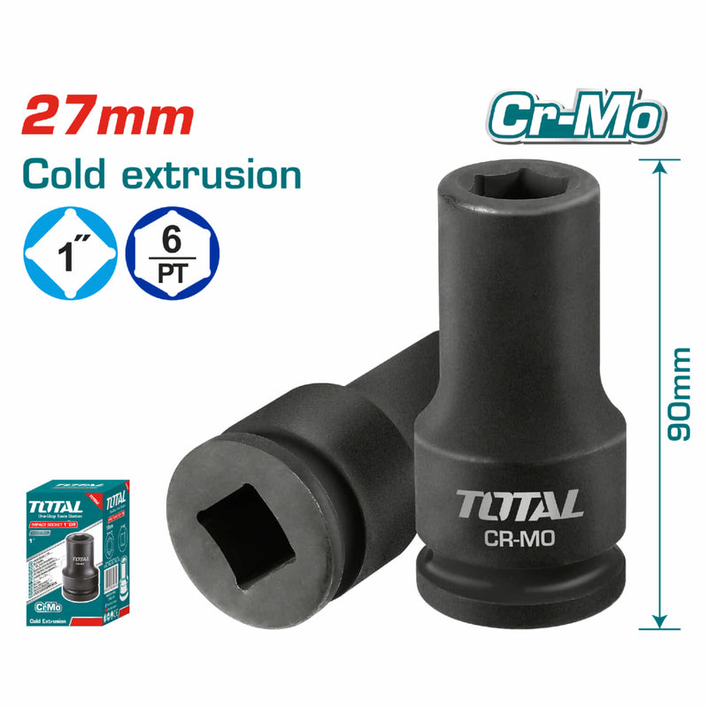 Socket de Impacto 1". Medida: 27 mm. Longitud: 90 mm. Material: CrMo. Extrusión en frío.