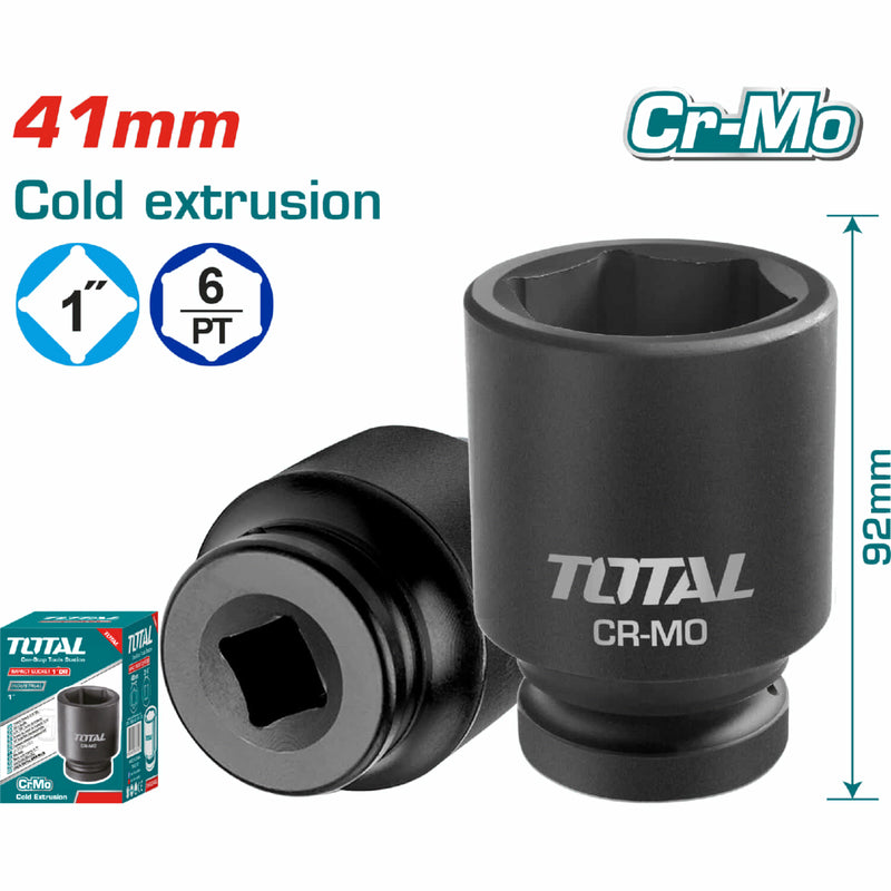 Socket de Impacto 1". Medida: 41 mm. Longitud: 92 mm. Material: CrMo. Extrusión en frío.